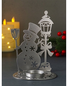 Подсвечник на 1 свечу «Снеговик новогодний», металл, серебряный, 10×7.5×15 см Омский свечной завод