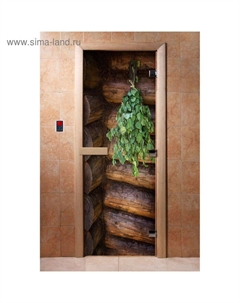 Дверь для бани и сауны «Веник у бани», коробка 190×70 см, стеклянная, правая, с фотопечатью Doorwood
