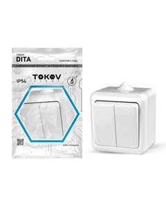 Выключатель , Dita, 2 клавиши, P54, 10А, 250В, белая, TKL-DT-V2-C01-IP54 Tokov electric