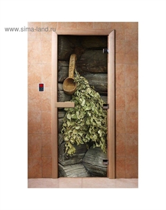 Дверь для бани и сауны «Ковш и веник», коробка 190×70 см, стеклянная, правая, с фотопечатью Doorwood