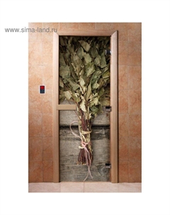 Дверь для бани и сауны «Веник вертикальный», коробка 190×70 см, стеклянная, правая, с фотопечатью Doorwood