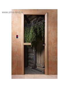 Дверь для бани и сауны «Веники», коробка 190×70 см, стеклянная, правая, с фотопечатью Doorwood