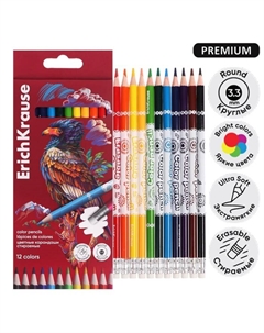 Карандаши 12 цветов Safari, дерево, стираемые, с ластиком, с европодвесом Erichkrause