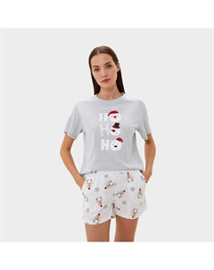 Пижама новогодняя женская (футболка, шорты) Deers, белая, серая, размер 40-42 Kaftan